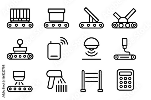 Warehouse Conveyor Icons. Outline icon set of warehouse conveyor technology: pallet conveyor, tote conveyor,