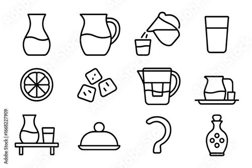 Water Carafe Icons. Outline icon set of water carafe: glass carafe, water jug, pouring water, glass cup, lemon