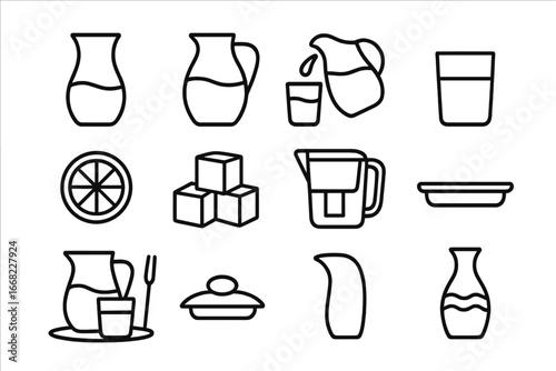 Water Carafe Icons. Outline icon set of water carafe: glass carafe, water jug, pouring water, glass cup, lemon