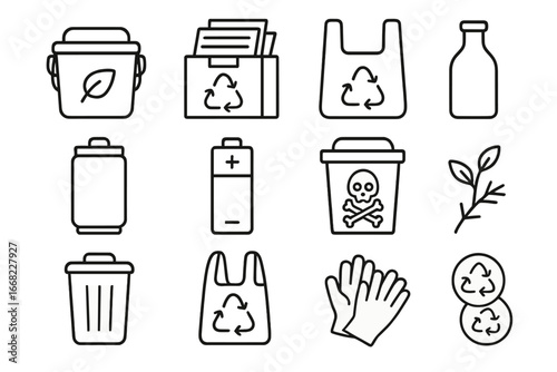 Waste Sorting Icons. Outline icon set of household waste sorting: kitchen compost bin, paper recycling box,