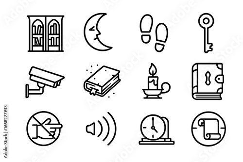 Nighttime Library Icons. Outline icon set of library at night: gothic shelves, moonlight beam, quiet footsteps