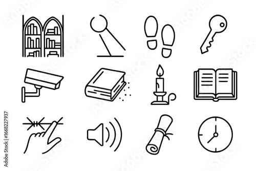 Nighttime Library Icons. Outline icon set of library at night: gothic shelves, moonlight beam, quiet footsteps