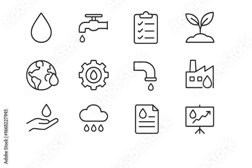 Water Conservation Icons. Outline icon set of water conservation consulting: water drop, faucet, checklist,