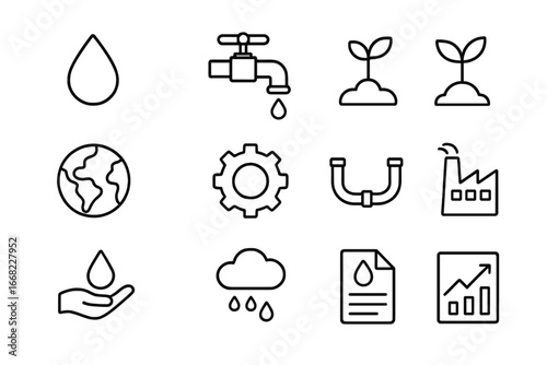 Water Conservation Icons. Outline icon set of water conservation consulting: water drop, faucet, checklist,