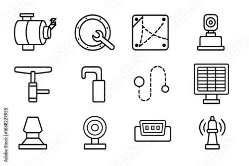 Space Station Icons Set. Outline icon set of space station exterior tasks: module exterior, hatch bolts,