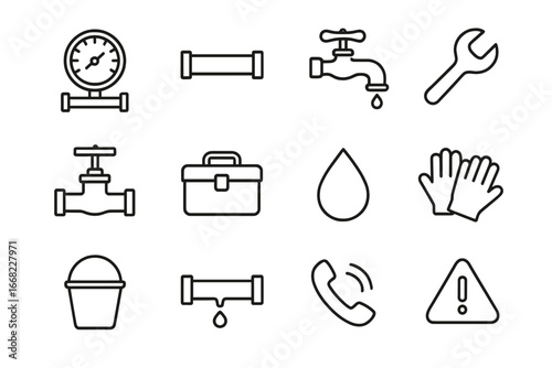 Water Pressure Tools. Outline icon set of water pressure troubleshooting: gauge, pipe, faucet, wrench, valve,