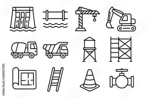 Water Infrastructure Icons. Outline icon set of water infrastructure project: dam, water pipe, crane,