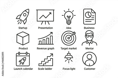 Entrepreneur Coaching Icons. Outline icon set of coaching for entrepreneurs: startup rocket, pitch board, idea