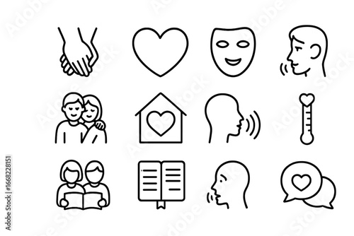 Emotional Intimacy Icons. Outline icon set of emotional intimacy: holding hands, open heart, vulnerability