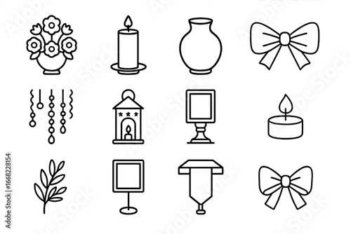 Wedding Centerpiece Icons. Outline icon set of wedding reception centerpiece: floral arrangement, pillar