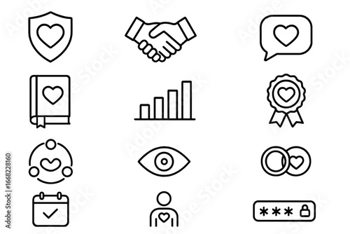 Trust Icons Grid. Outline icon set of trust-building: shield heart, handshake, honest chat, diary icon,
