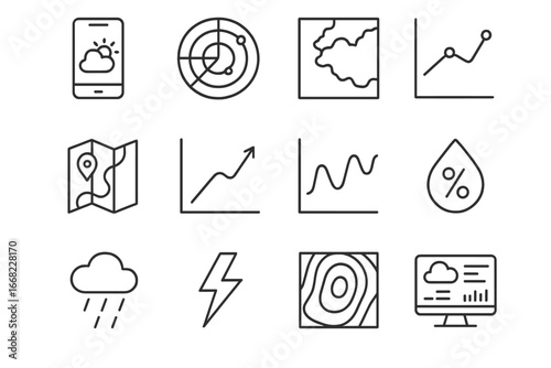 Weather Tracking Icons. Outline icon set of real-time weather tracking: weather app, radar screen, satellite