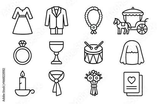 Wedding Tradition Icons. Outline icon set of regional wedding traditions: wedding dress, groom suit, flower