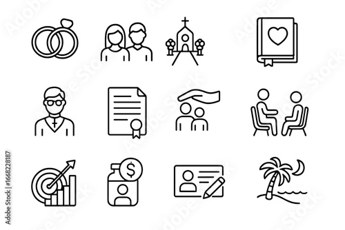 Marriage Support Icons. Outline icon set of marriage support: wedding rings, couple icon, church aisle, vow