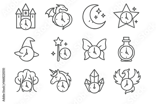 Whimsical Fantasy Clock Icons. Outline icon set of whimsical fantasy clocks: castle clock, dragon clock, moon