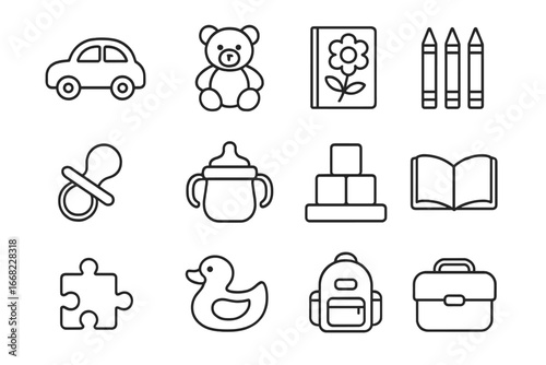 Children's Goods Icons. Outline icon set of children’s consumer goods: toy car, plush bear, coloring book,