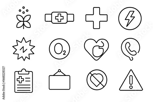 Medical Alert Icons. Outline icon set of medical alert signage: allergy icon, medical alert band, red cross,