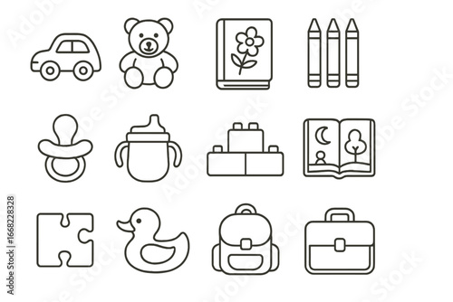Children's Goods Icons. Outline icon set of children’s consumer goods: toy car, plush bear, coloring book,