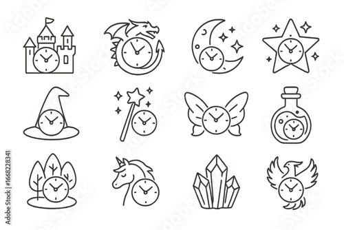 Whimsical Fantasy Clock Icons. Outline icon set of whimsical fantasy clocks: castle clock, dragon clock, moon