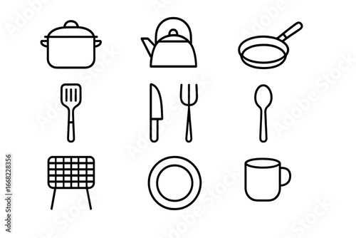 Wild Cooking Icons. Outline icon set of wild cooking tools: pot, kettle, skillet, spatula, knife, fork, spoon,