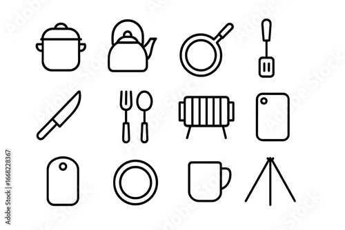 Wild Cooking Icons. Outline icon set of wild cooking tools: pot, kettle, skillet, spatula, knife, fork, spoon,