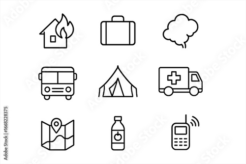 Wildfire Evacuation Icons. Outline icon set of wildfire displacement: burning house, suitcase, smoke cloud,
