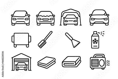 Winter Car Preparation Icons. Outline icon set of preparing car before snowfall: windshield cover, snow tarp,
