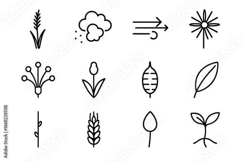 Wind-Pollinated Flower Icons. Outline icon set of wind-pollinated flowers: grass flower, pollen cloud, arrow