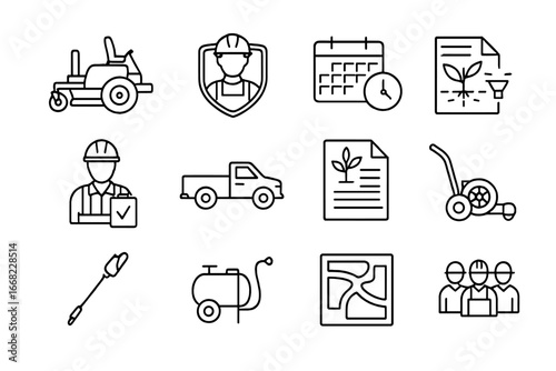 Commercial Landscaping Icons. Outline icon set of commercial landscaping services: large mower, landscape