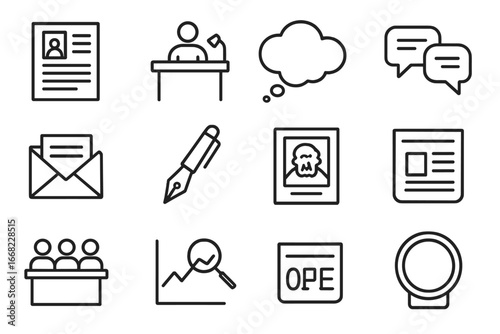 Editorial Icons Grid. Outline icon set of opinion and editorial journalism: opinion column, editor’s desk,