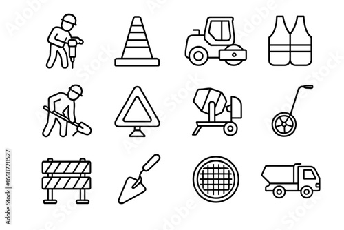 Street Repair Icons. Outline icon set of street repair workers fixing roads and sidewalks: jackhammer, road