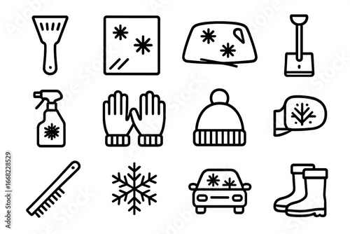 Winter Car Icon Set. Outline icon set of scraping ice from car windows: ice scraper, frosted glass, car