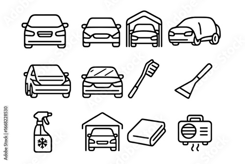 Winter Car Preparation Icons. Outline icon set of preparing car before snowfall: windshield cover, snow tarp,