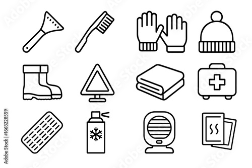 Winter Car Safety Icons. Outline icon set of car winter safety gear: ice scraper, snow brush, gloves, beanie