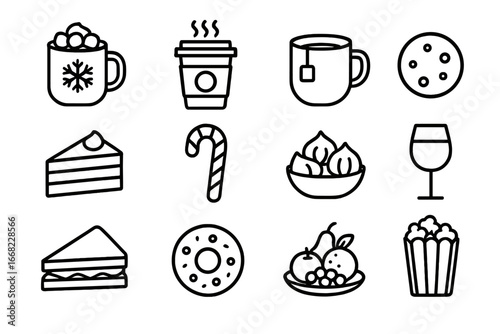 Winter Concert Treats. Outline icon set of winter concert food and drinks: hot chocolate, coffee cup, tea mug,