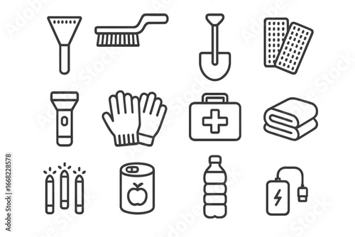 Winter Emergency Icon Set. Outline icon set of winter emergency kit for drivers: ice scraper, snow brush,