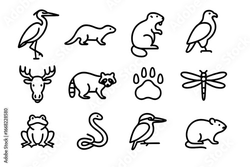 Streamside Wildlife Icons. Outline icon set of streamside wildlife: heron, otter, beaver, eagle, moose,