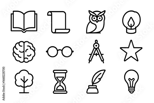 Wisdom Symbols Icons. Outline icon set of wisdom and learning: open book, scroll, candle, owl, brain, glasses,