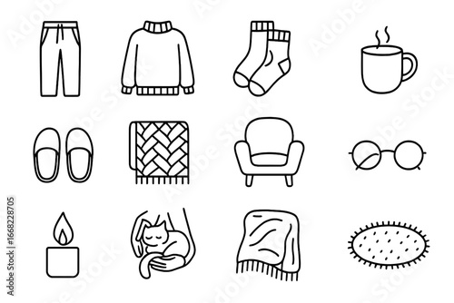 Cozy Homewear Icons. Outline icon set of cozy homewear: lounge pants, oversized sweater, wool socks, hot cocoa