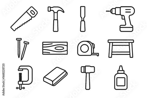 Woodworking Tools Grid. Outline icon set of woodworking: saw, hammer, chisel, drill, nails, wood plank,