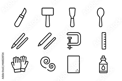 Woodworking Tools Icons. Outline icon set of making wooden tools: carving knife, mallet, spatula, spoon, peg,