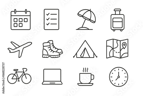 Work-Travel Icons. Outline icon set of work and travel balance: calendar, checklist, beach umbrella, suitcase,