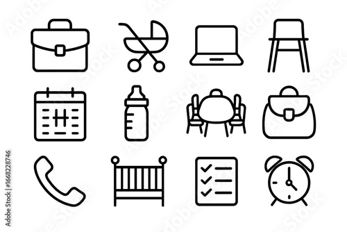 Work-Parenting Icon Set. Outline icon set of balancing work and parenting: briefcase, baby stroller, laptop,