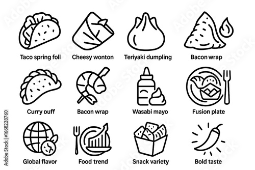 Fusion Snack Icons. Outline icon set of fusion snack recipes: taco spring roll, cheesy wonton, teriyaki
