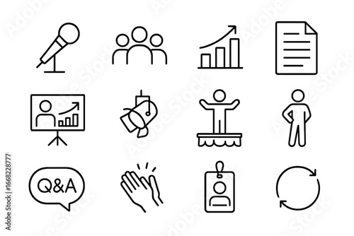 Public Speaking Icons. Outline icon set of public speaking and visibility: microphone, audience icon,