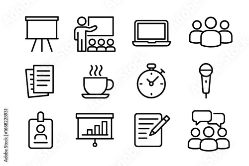 Workshop Icons Grid. Outline icon set of professional development workshops: whiteboard, presenter, laptop,