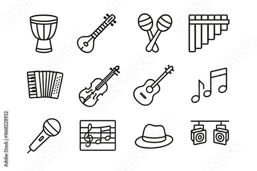 World Music Icons. Outline icon set of world music fusion: drum, sitar, maracas, pan flute, accordion, violin,