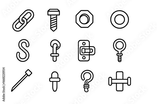 Metal Fasteners Icons. Outline icon set of metal fasteners and attachments: chain link, bolt screw, nut cap,