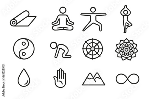 Yoga Icon Set. Outline icon set of yoga and mindfulness: yoga mat, lotus pose, warrior pose, tree pose,