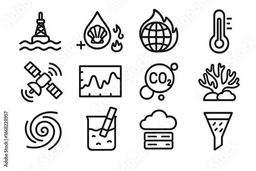 Ocean Monitoring Icons Grid. Outline icon set of oceanic climate monitoring: buoy sensor, acidification icon,